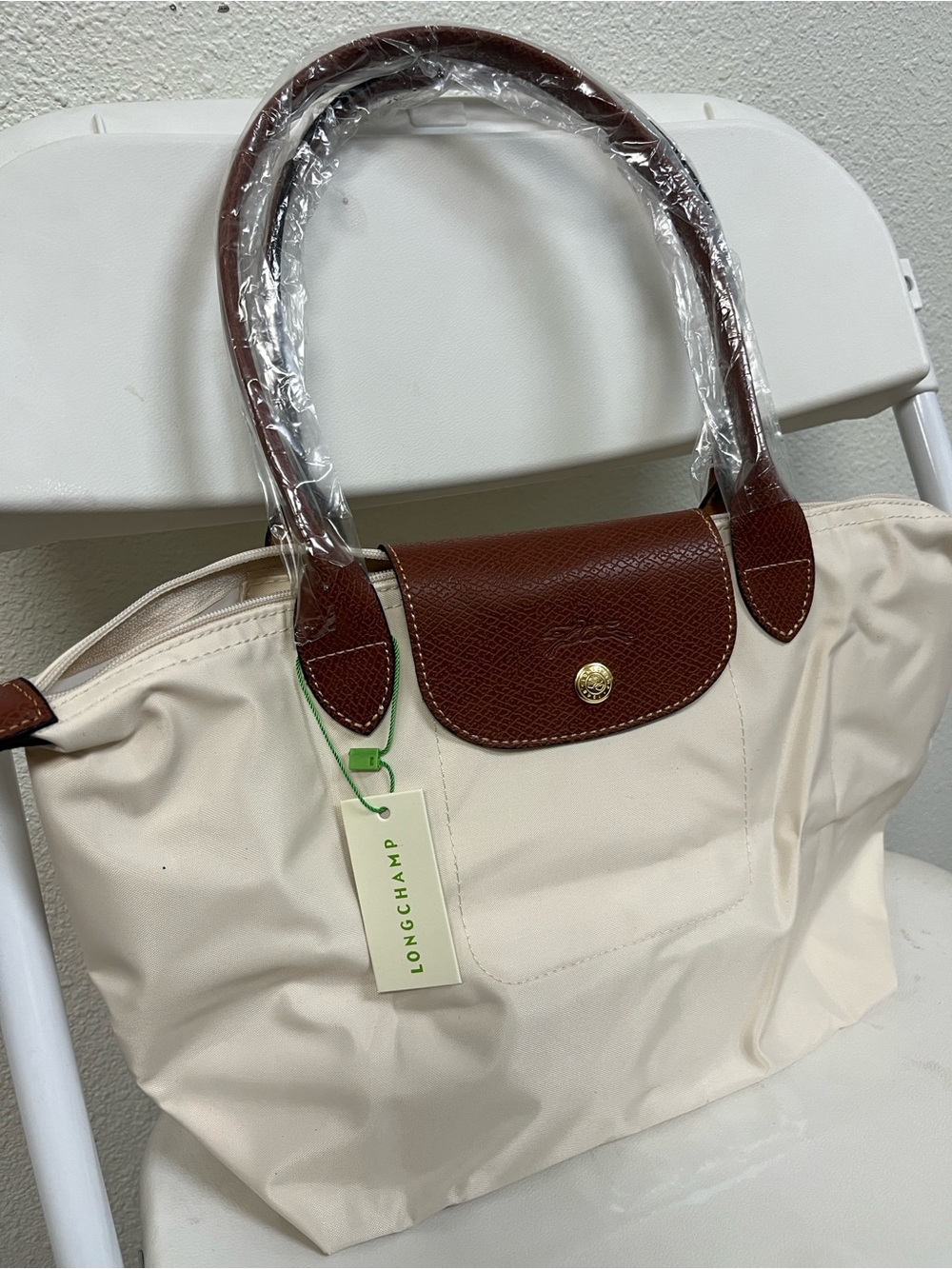 Longchamp Medium Cream White Nylon Tote with Brown Leather Trim